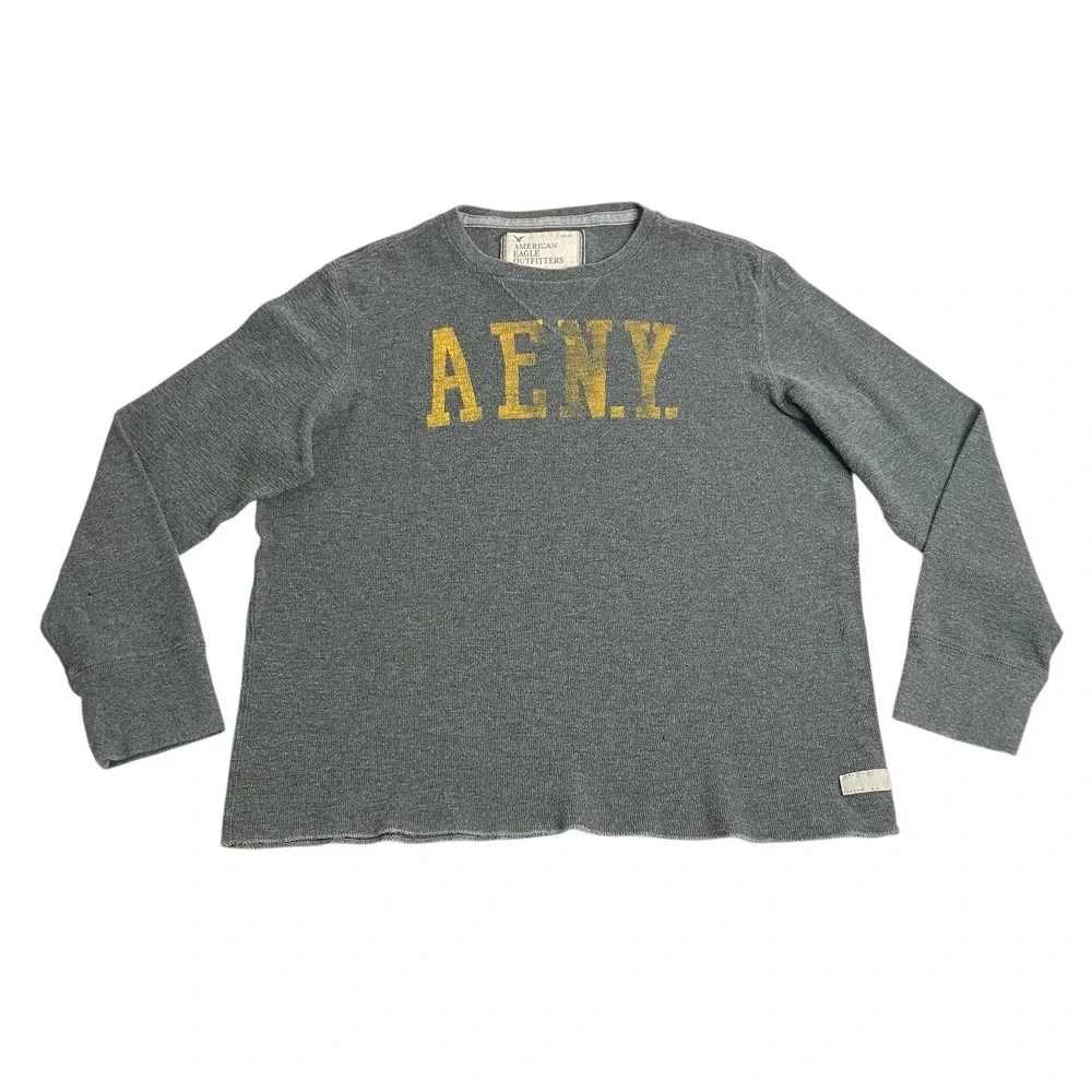 Y2K American Eagle NY Thermal Sweater Mens XXL 2XL‎ Gray Ribbed Grunge Preppy